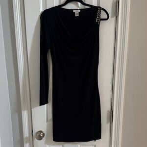 Caché Vintage Asymmetrical Black Dress w/ Chain Strap & One Long Sleeve